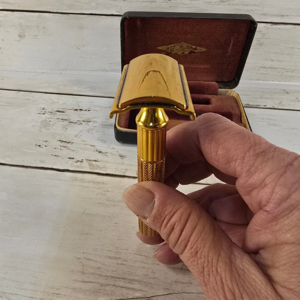 Vintage Gillette Gold Safety Razor TTO with Case and Blue Blades